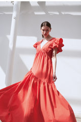 Ruffled Sleeve Linen Maxi Dress with Deep V-Neckline and Tiered Skirt