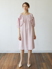 Elegant Linen Midi Dress with Puff Sleeves and Back Bow – Soft Relaxed Fit Women's Dress