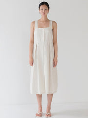 Sleeveless Square-Neck Midi Linen Dress with Flared Hem and Back Cross-Strap Detail