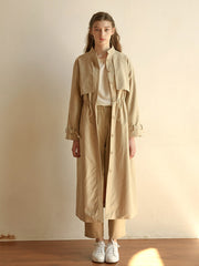 Women's Longline Linen Coat with Drawstring Waist, Cape Detail, and Button-Front Closure