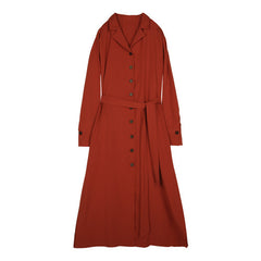 Women's Linen Button-Down Midi Dress with Lapel Collar and Waist Tie for Effortless Elegance