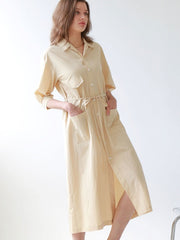 Button-Front Midi Linen Dress with Shirt Collar and Utility Pockets