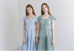 Flared Midi Linen Dress with Pleated Skirt and Cap Sleeves for Elegant Summer Outfits