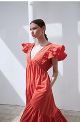 Ruffled Sleeve Linen Maxi Dress with Deep V-Neckline and Tiered Skirt