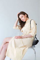 Button-Front Midi Linen Dress with Shirt Collar and Utility Pockets