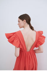 Ruffled Sleeve Linen Maxi Dress with Deep V-Neckline and Tiered Skirt