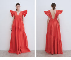 Ruffled Sleeve Linen Maxi Dress with Deep V-Neckline and Tiered Skirt