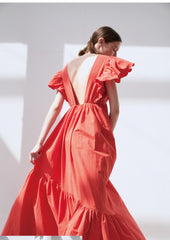 Ruffled Sleeve Linen Maxi Dress with Deep V-Neckline and Tiered Skirt