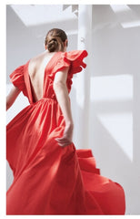 Ruffled Sleeve Linen Maxi Dress with Deep V-Neckline and Tiered Skirt