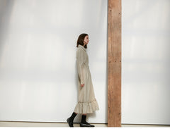 Long Sleeve Cotton Poplin Midi Dress with Button-Down Front, Drawstring Waist, and Ruffled Hem