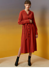 Women's Linen Button-Down Midi Dress with Lapel Collar and Waist Tie for Effortless Elegance