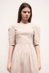 Women's Linen Puff Sleeve Midi Dress – Gathered Waist A-Line Dress with Round Neck