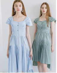 Flared Midi Linen Dress with Pleated Skirt and Cap Sleeves for Elegant Summer Outfits