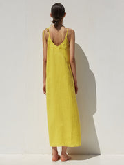 Sleeveless Linen Maxi Dress with Adjustable Shoulder Ties and Relaxed Straight Silhouette