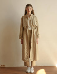 Women's Longline Linen Coat with Drawstring Waist, Cape Detail, and Button-Front Closure