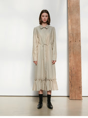 Long Sleeve Cotton Poplin Midi Dress with Button-Down Front, Drawstring Waist, and Ruffled Hem