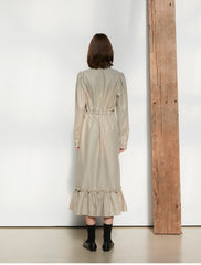 Long Sleeve Cotton Poplin Midi Dress with Button-Down Front, Drawstring Waist, and Ruffled Hem