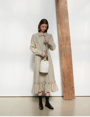 Long Sleeve Cotton Poplin Midi Dress with Button-Down Front, Drawstring Waist, and Ruffled Hem