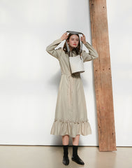 Long Sleeve Cotton Poplin Midi Dress with Button-Down Front, Drawstring Waist, and Ruffled Hem
