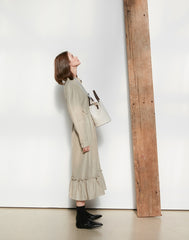 Long Sleeve Cotton Poplin Midi Dress with Button-Down Front, Drawstring Waist, and Ruffled Hem