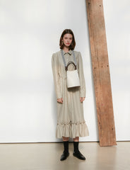 Long Sleeve Cotton Poplin Midi Dress with Button-Down Front, Drawstring Waist, and Ruffled Hem