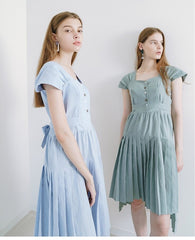 Flared Midi Linen Dress with Pleated Skirt and Cap Sleeves for Elegant Summer Outfits