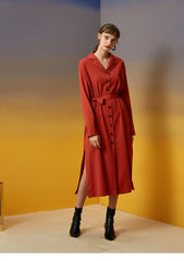 Women's Linen Button-Down Midi Dress with Lapel Collar and Waist Tie for Effortless Elegance