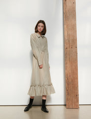 Long Sleeve Cotton Poplin Midi Dress with Button-Down Front, Drawstring Waist, and Ruffled Hem