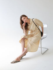 Button-Front Midi Linen Dress with Shirt Collar and Utility Pockets