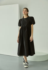 Cotton Poplin Midi Dress with Puff Sleeves, Gathered Waist, and Flowy A-Line Silhouette