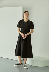 Cotton Poplin Midi Dress with Puff Sleeves, Gathered Waist, and Flowy A-Line Silhouette