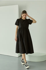Cotton Poplin Midi Dress with Puff Sleeves, Gathered Waist, and Flowy A-Line Silhouette