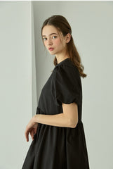 Cotton Poplin Midi Dress with Puff Sleeves, Gathered Waist, and Flowy A-Line Silhouette