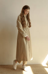 Women's Longline Linen Coat with Drawstring Waist, Cape Detail, and Button-Front Closure