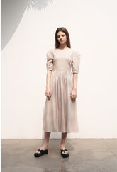 Women's Linen Puff Sleeve Midi Dress – Gathered Waist A-Line Dress with Round Neck