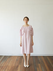 Elegant Linen Midi Dress with Puff Sleeves and Back Bow – Soft Relaxed Fit Women's Dress