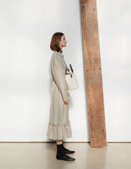 Long Sleeve Cotton Poplin Midi Dress with Button-Down Front, Drawstring Waist, and Ruffled Hem