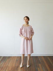 Elegant Linen Midi Dress with Puff Sleeves and Back Bow – Soft Relaxed Fit Women's Dress