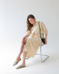 Button-Front Midi Linen Dress with Shirt Collar and Utility Pockets