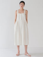 Sleeveless Square-Neck Midi Linen Dress with Flared Hem and Back Cross-Strap Detail
