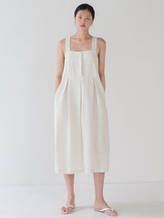 Sleeveless Square-Neck Midi Linen Dress with Flared Hem and Back Cross-Strap Detail