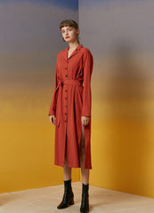 Women's Linen Button-Down Midi Dress with Lapel Collar and Waist Tie for Effortless Elegance