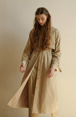 Women's Longline Linen Coat with Drawstring Waist, Cape Detail, and Button-Front Closure