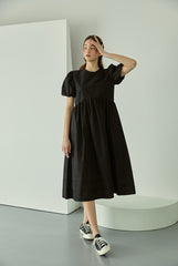 Cotton Poplin Midi Dress with Puff Sleeves, Gathered Waist, and Flowy A-Line Silhouette