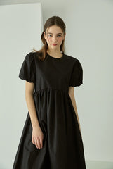 Cotton Poplin Midi Dress with Puff Sleeves, Gathered Waist, and Flowy A-Line Silhouette