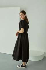 Cotton Poplin Midi Dress with Puff Sleeves, Gathered Waist, and Flowy A-Line Silhouette