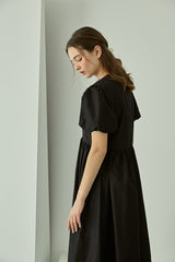Cotton Poplin Midi Dress with Puff Sleeves, Gathered Waist, and Flowy A-Line Silhouette