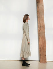 Long Sleeve Cotton Poplin Midi Dress with Button-Down Front, Drawstring Waist, and Ruffled Hem