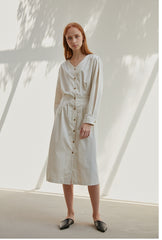 Women's Button-Down Midi Dress in Lightweight Linen with V-Neck and Elastic Back Waist Detail