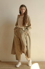 Women's Longline Linen Coat with Drawstring Waist, Cape Detail, and Button-Front Closure